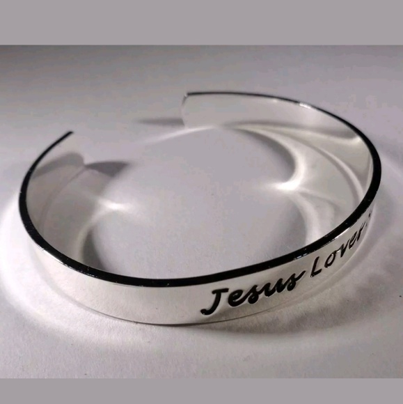 RHODIUM JESUS LOVES ME SILVER CUFF BRACELET - Picture 3 of 3